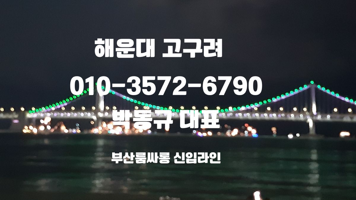 야간 바다와 조명 다리 배경 위에 ‘해운대 고구려’, ‘010-3572-6790’, ‘박동규 대표’, ‘부산룸싸롱 신입라인’ 문구가 들어간 안내 이미지